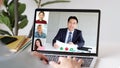 Video conference, Work from home, Asian man and woman making video call to business team with virtual web, Contacting asia Royalty Free Stock Photo