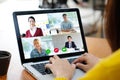 Video conference, Work from home, Asian man and woman making video call to business team with virtual web, Contacting asia Royalty Free Stock Photo