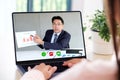 Video conference, Work from home, Asian woman making video call to business team with virtual web, Contacting asia colleague by Royalty Free Stock Photo