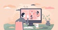Video conferencing vector illustration. Conversation tiny persons concept.
