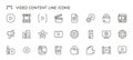 Video content line icons. Web streaming, online video, mobile phone and tablet app multimedia, camera and editing