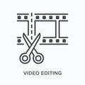 Video edit flat line icon. Vector outline illustration of movie film with scissors. Animation montage thin linear