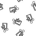 Video edit icon on white isolated background. Scissors and film icon seamless pattern on a white background