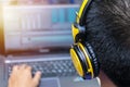 Video editing, computer laptops and headphones. with laptop Royalty Free Stock Photo