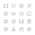 Video editing icon. Film movie production symbols cut editor multimedia clapper vector thin line pictures