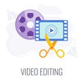 Video editing icon. Scissors cut film, montage.