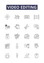 Video editing line vector icons and signs. videos, clip, trim, assemble, capture, render, distort, motion outline vector