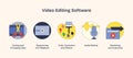 Video editing software icons feature scissors, a play button, and...