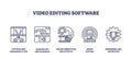 Video editing software icons include scissors, timeline, and gear, symbolizing ...