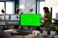 Video editor using computer with chroma key, mock up isolated display Royalty Free Stock Photo
