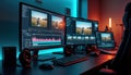Video editor works in dark studio at evening. Multiple monitors showing video editing software, video clips. Audio equipment, Royalty Free Stock Photo