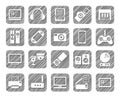 Video electronics, audio electronics, icons, grey, shading, vector.