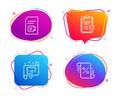 Video file, Reject checklist and Architectural plan icons set. Loan percent sign. Vector