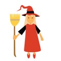 Halloween vector witch with a broom and red dress yellow hair and a red witch hat Royalty Free Stock Photo