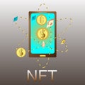 Nft non fungible token golden text effects with ethereum shape on mobile shape