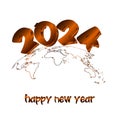 3d happy new year art font 2024 text on world map bronze color of calendar element