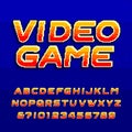 Video game alphabet font. Digital gradient uppercase letters. Pixel background.