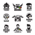 Video game badges. Joystick console controller for gaming geek vector labels