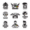 Video game badges. Joystick console controller for gaming geek vector labels Royalty Free Stock Photo