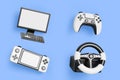 Video game cartoon 3d render icon set. Realistic joystick gamepad, handheld console, steering wheel, computer monitor