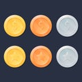 Video game coins or medals set. Gold, silver and bronze. Graphic user interface design element Royalty Free Stock Photo