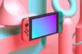 Video Game Console With Blank Gradient Screen On Multicolored Abstract Juicy Background. 3d rendering