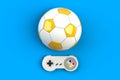 Video game console GamePad. Gaming concept. Top view retro joystick with soccer ball isolated on blue background Royalty Free Stock Photo