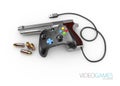 video game controller with gun and bullets, 3d Illustration Royalty Free Stock Photo