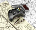 video game controller with gun on the maps, 3d Illustration Royalty Free Stock Photo