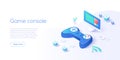 Video game controller and smart tv in isometric vector illustration. Television set with videogame console joystick connected via