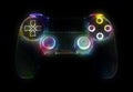 Video game controllers made of multicolored particles on black background