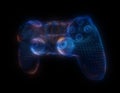 Video game controllers made of multicolored particles on black background