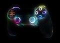 Video game controllers made of multicolored particles on black background