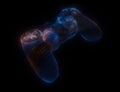 Video game controllers made of multicolored particles on black background