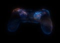 Video game controllers made of multicolored particles on black background