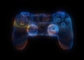 Video game controllers made of multicolored particles on black background