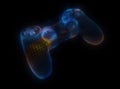 Video game controllers made of multicolored particles on black background