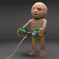 Video game crazy Egyptian mummy monster plays with a joystick, 3d illustration