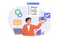 Video game developer web concept with flat cartoon people for website design. Man creating new game project, programming
