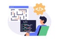 Video game developer web concept with flat cartoon people for website design. Man creating and writing code for simple