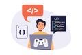 Video game developer web concept with flat cartoon people for website design. Man working with code for computer game