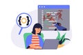 Video game developer web concept with flat cartoon people for website design. Woman programming and coding at new