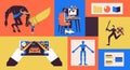 Video game development bento grid illustration set