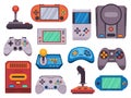 Video game devices. Old retro joystick gamepad flat icons, cartoon hipster classic gadget console for gamers and pc