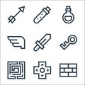 video game elements line icons. linear set. quality vector line set such as bricks, arrows, labyrinth, password, sword, wings,