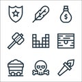 video game elements line icons. linear set. quality vector line set such as torch, death, mining cart, chest, video game, hammer,