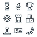 Video game elements line icons. linear set. quality vector line set such as banana, map, joystick, dice, tower, target, cup,