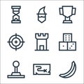 Video game elements line icons. linear set. quality vector line set such as banana, map, joystick, dice, tower, target, cup, Royalty Free Stock Photo