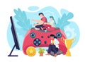 Video game entertainment with joystick, vector illustration. Boy girl child gamer at flat home play with console