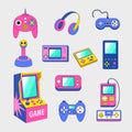 Video game gadgets. Gamepad consoles for nerd vintage assets in retro style recent vector pictures set isolated